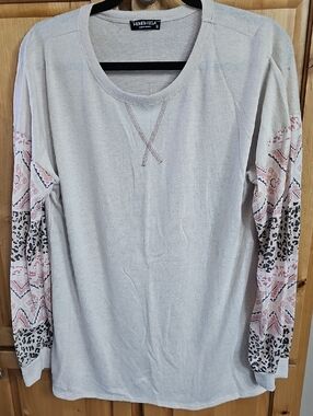 HEIMISH USA Cream Pullover with Patterned Pink & Black Sleeve Panels